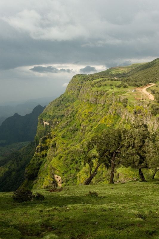 Lush escarpment edge with stormy clouds rolling in